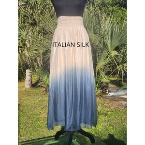 SILK Whimsigoth Maxi Skirt Ombre Dip Dye Beige Blue Italy Medium  24 26 28 Fairy